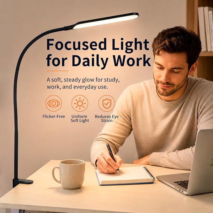 Long Gooseneck LED Clamp Desk Lamp, Eye-Caring Reading Light | Dimmable Clip on Lamp, 800LM, 3 Colors and 10 Modes, for Office Home Task
