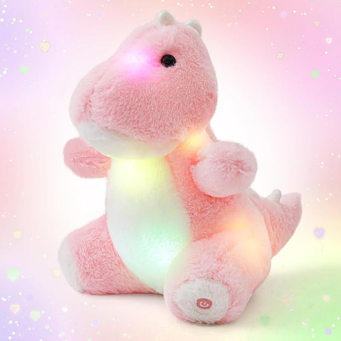 Glow Guards 12'' Light up Dinosaur Stuffed Animal, LED Soft Dinosaur Plush Toy with Magic Night Lights, Birthday Children's Day for Toddler Kids (Pink, LED)