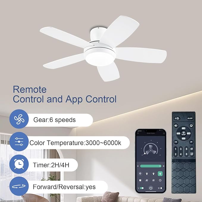 KNUN 42 Inch Ceiling Fan with Light and Remote/App Control, Low Profile Ceiling Fans with Lights,Flush Mount, Double-sided Blades, 3CCT, Dimmable, Noiseless, white Ceiling Fan for Indoor/Outdoor Use