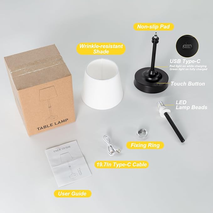 Kakanuo Rechargeable Cordless Table Lamp Black - 1 Pack 4000mAh Battery Operated Lamp, 3000K Warm Light, Touch Control Stepless Dimming, for Bedside, Dining Table, Home Decor