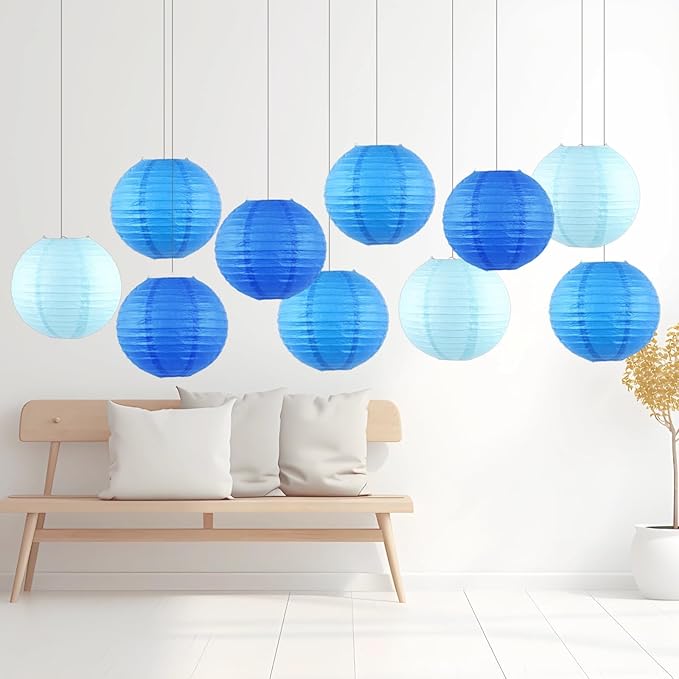 Chinese Paper Lanterns - Pack of 10, 10-Inch Blue/Royal Blue Hanging Lights for Birthday Party Decorations, Ceiling Decor, Rainbow Classroom, Wedding, and Home Party