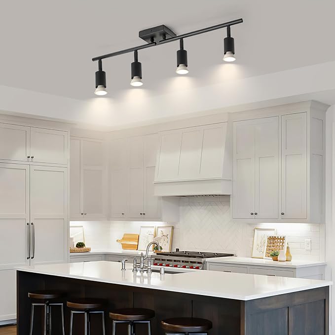 SEEBLEN 4-Light GU10 Track Lighting, Black Adjustable Ceiling Spot Light Kit, Industrial Flush Mount LED Track Light for Kitchen, Hallway, Living Room