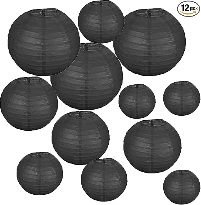 12Pcs 6,8,10,12 Inch Mixed Sizes Black Paper Lanterns Decorative Chinese, Japanese Hanging Round Paper Lanterns Lamp for Birthday, Wedding, Christmas, Bridal, Home Decor, Party Decoration