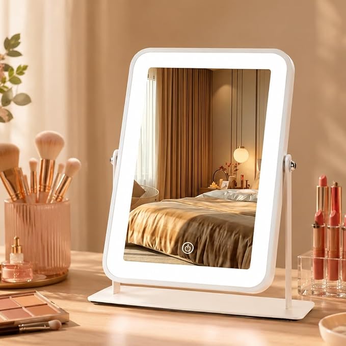 9"x11" Rechargeable Desktop Makeup Mirror with LED Lights, Adjustable Brightness Lighted Vanity Mirror, Tabletop Mirror for Bedroom, Gifts for Women with 3-Color Smart Touch Dimmable Lighting