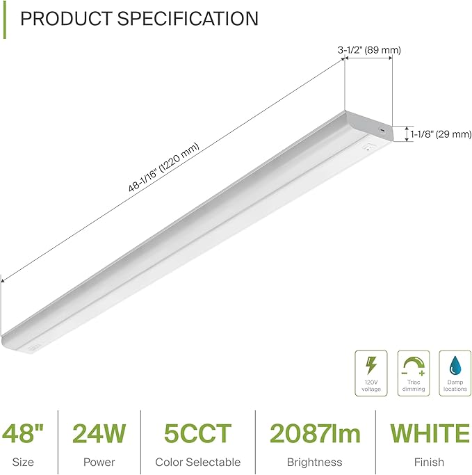 ASD 48 Inch Hardwired LED Under Cabinet Light, On/Off & 5CCT Switch 2700K-5000K, 24W 2087LM CRI90+, Direct Wire Low Profile Linkable Fixture, Dimmable Under Counter Kitchen Lighting, White, UL