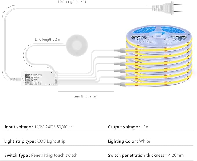 12V COB LED Strip Lights Kit,3.3Ft 6-in-1 Self-Adhesive LED Under Cabinet Lighting with 36W Adapter Dimmable Touch Switch for Acoustic Panel, Display Cabinets, Wardrobes,Cabinets, Showcase Lighting