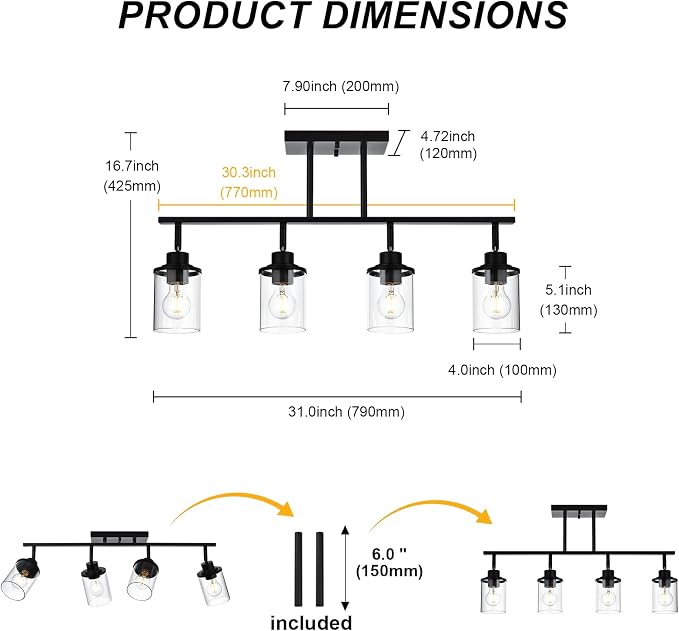 Yaohong 4-Light Black Farmhouse Track Lighting Fixtures Ceiling, Bathroom Track Lighting Kit Wall Light with Ajustable Heads, Kitchen Track Lighting Fixtures with Glass Shade for Hallway Shop
