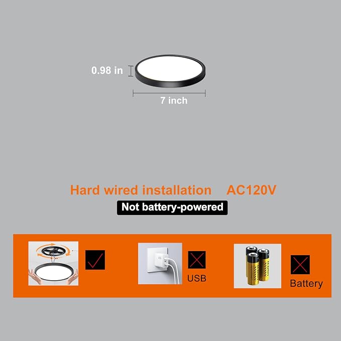 7in Motion Sensor Ceiling Light Indoor, 15W 1500LM, Black | Hardwired Flush Mount, Remote Dimmable, 3000K/4000K/6000K, Closet Hallway Porch Laundry Stairway Basement