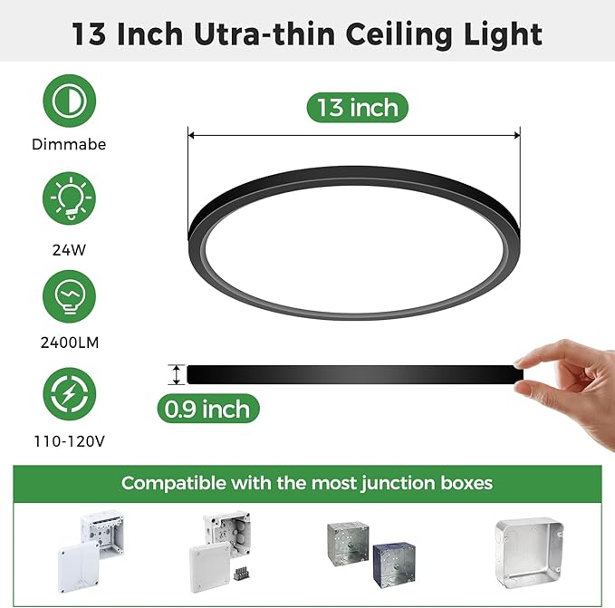 zemty 4Pack 13 inch Black LED Flush Mount Ceiling Lights, Dimmable 5 Color Temp (3000K-6500K), 24W 2400LM Bright Round Light Fixture for Kitchen Bathroom Bedroom Office