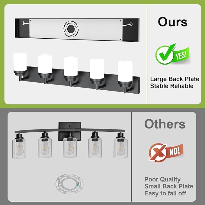 Bathroom Light Fixtures, Matte Black Bathroom Lighting Fixtures Over Mirror, Modern Vanity Light with White Glass Shade, Restroom Lighting Fixtures, 5-Light 36-inch