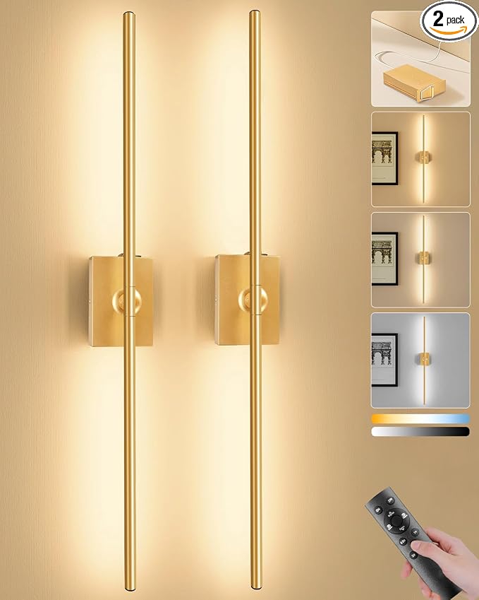 Battery Operated Wall Sconces Set of 2, 10000mAh Wireless Rechargeable 3000-6000K Dimmable 350° Rotate Wall Light with Remote for Living Room, Bedroom 23.6in Gold