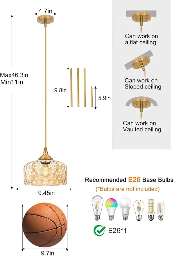 Daunton Gold Farmhouse Hammered Glass Kitchen Pendant Lighting Over Island | Height adjustable hanging light fixture kitchen, 90-degree swivel, 2-in-1 ceiling light and pendant light, E26 bulb base