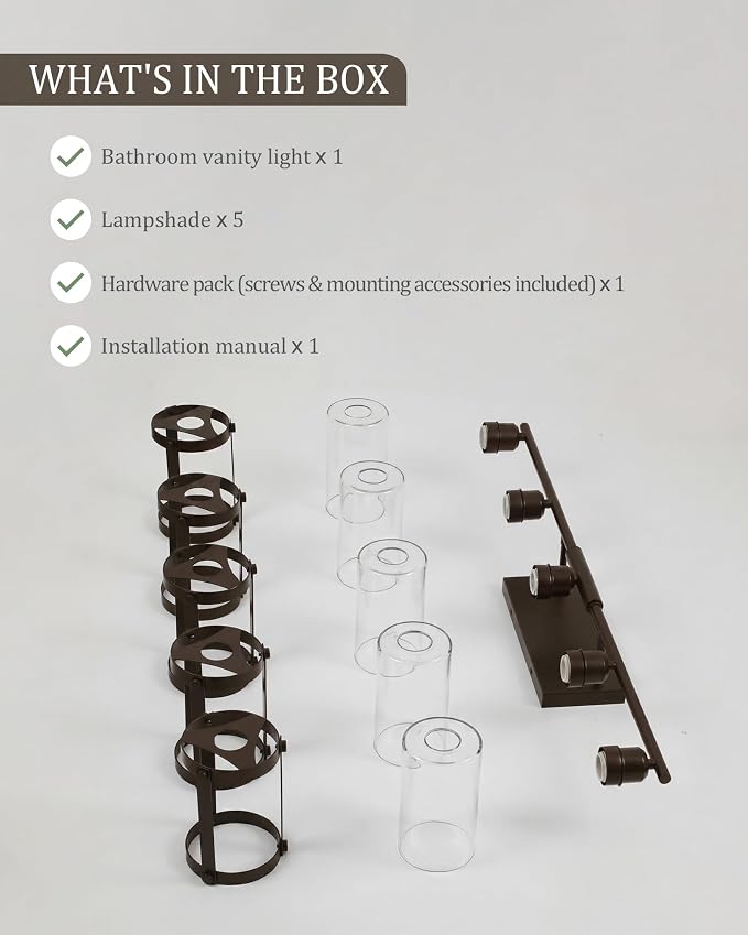 5-Light Oil Rubbed Bronze Bathroom Light Fixtures Over Mirror with Clear Glass and Metal Cage Shade, 38" UL-Listed Modern Farmhouse Wall Sconce for Bath, Hardwire E26, OS-3014ORB-5W