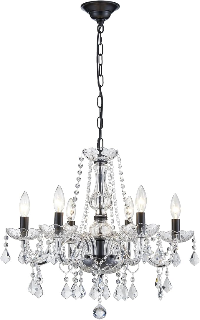 Crystal Chandelier Light Fixture, Modern K9 Crystal Chandeliers for Dining Room, 6-Lights Black Ceiling Light, Adjustable Hanging Pendant Light Fixture for Living Room Entryway Kitchen Island Hallway
