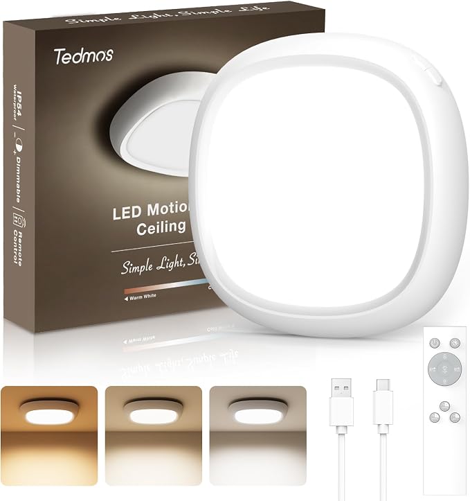 IP54 Waterproof Shower Light, Rechargeable Ceiling Light with Remote | 550LM 12000mAh Battery Operated, No Wiring, Portable, Wireless Motion Sensor Closet Overhead Lights for Garage Hallway Pantry