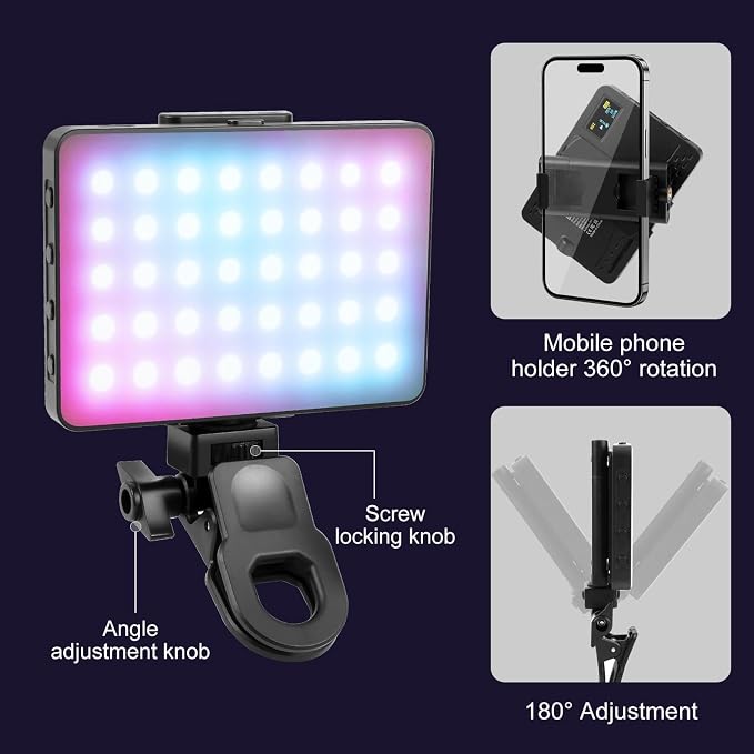 PULUZ RGB Selfie Light, 360° Full Color Camera Light with Clip and Cold Shoe, 2500-9000K LED 20 Effects 1500mAh Rechargeable Video Light for Vlogging, Photography, TikTok, Content Creator