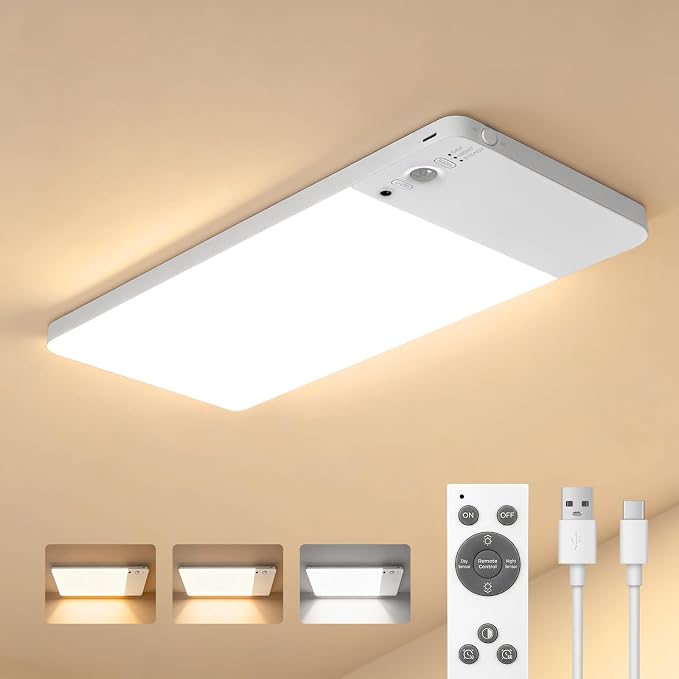 NARUNDREN 12000mAh Rechargeable LED Motion Sensor Ceiling Light for Closet | 400LM Brightness, 3 Color Temps & 5-Step Dimming, Battery Operated w/Remote, Wireless Magnetic Mount for Indoor Scenes