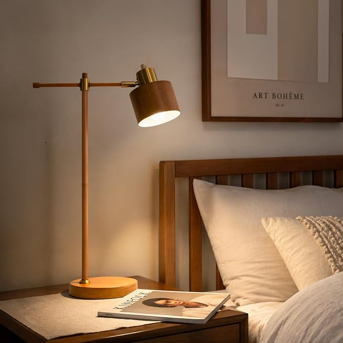 22.2" Mid Century Desk Lamp, Modern Metal Table Lamp with LED Bulb, Adjustable Reading Lamps, Industrial Task Lamp for Home Office, Farmhouse Bedside Lamps with Solid Base, Woodgrain