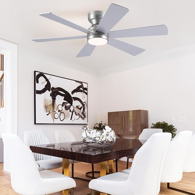 Asyko 46" Silver 6-Blade Modern Low Profile Ceiling Fan with Light & Remote | 6 Double-Sided Blades,6 Wind Speeds, Reversible,Dimmable 3 CCT LED Light, 25W Quiet DC Motor,1/2H Timer,for Bedroom Kitchen