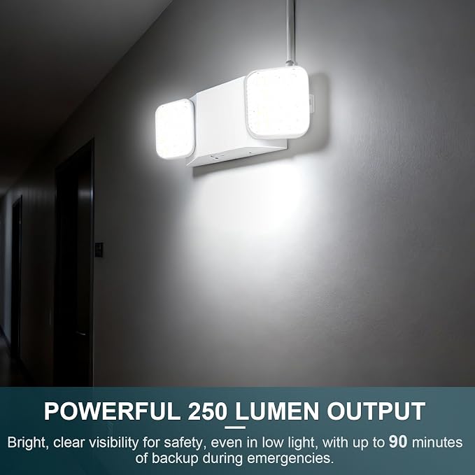 1PK LED Emergency Lights, Commercial Emergency Lights for Business, Power Outages, Offices, with Backup Battery (90 Minutes), Wall Mount, Hard Wired, 120-277V, Fire Resistant (94V-0) UL