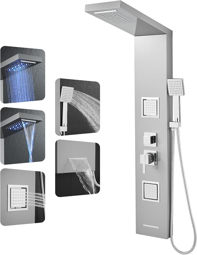 ROVOGO Shower Panel Tower System with Led Lights - Battery Powered, 46.5" | Rainfall Waterfall Shower Head, 2 Body Jets, Handheld and Tub Spout, Stainless Steel Shower Column with Brass Valves, Brushed