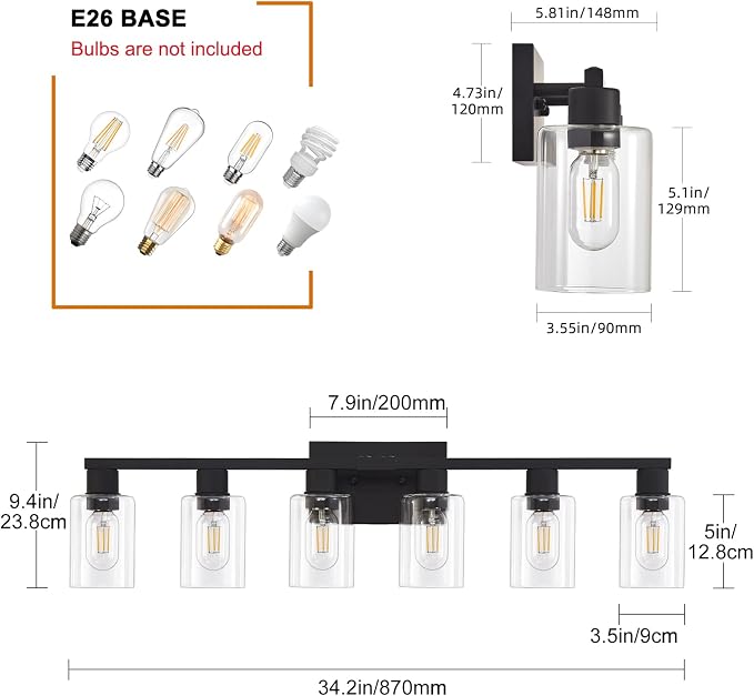 6 Light Bathroom Vanity Light, Matte Black Vanity Light Fixtures, Large Vanity Lights for Bathroom, Farmhouse Light Fixtures with Clear Glass Shade for Bathroom Over Mirror