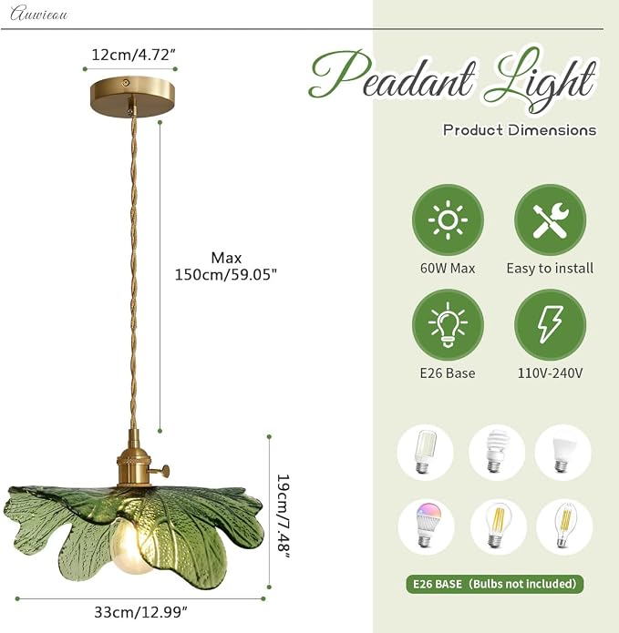 Green Glass Pendant Light Kitchen Flower Ceiling Light Fixture with Leaves Glass Shade, Mid Century Gold Hanging Light for Living Room Bedroom Dining Room, Set of 2
