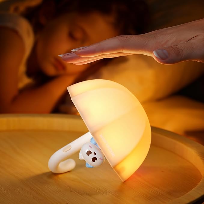 LED Umbrella Night Light, Rechargeable Touch Lamp for Nursery, Bedside Lamp with Cute Animal Design, White (White)