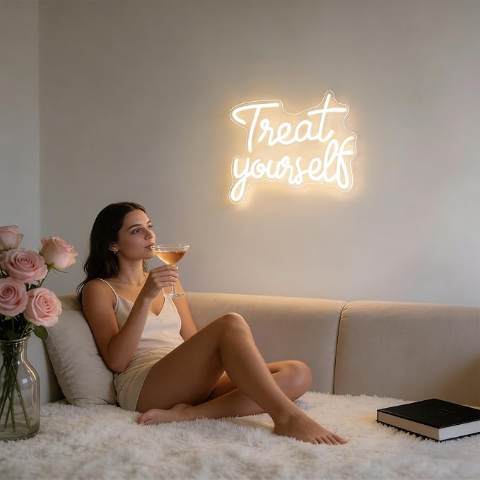 Treat Yourself Neon Signs, Warm White Dimmable LED Word Sign for Wall Decor | Treat Yourself Light Sign for Bedroom Wall Letter Neon Lights Wedding Sign Room Decor for Birthday Gift Party Home Decor Bar