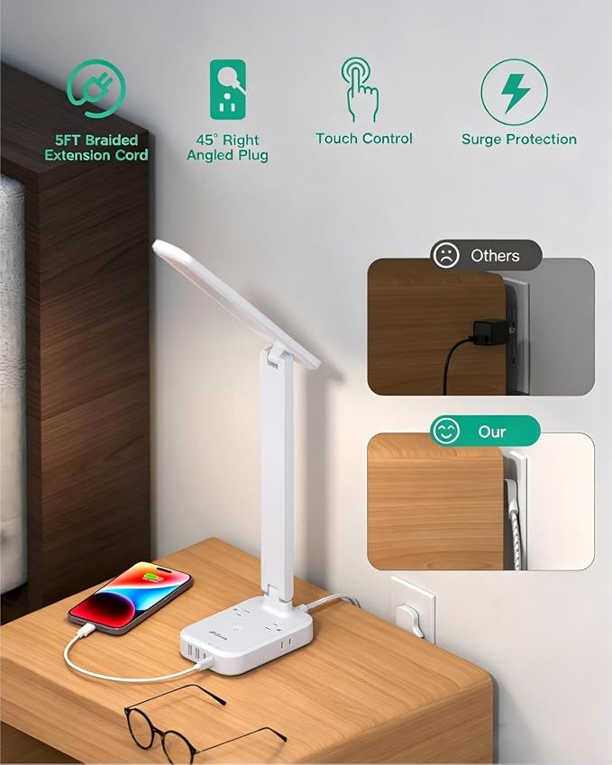 Mifaso 8-in-1 LED Desk Lamp with Power Strip, PD 30W Touch Desk Lamp, 4 Outlets & 4 USB Ports, Eye-Caring Dimmable Table Lamp with 5FT Extension Cord for Home Office College Dorm Room Essentials