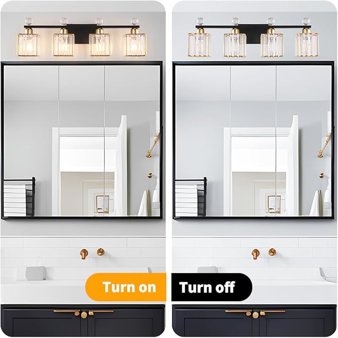 Bathroom Vanity Lights Over Mirror - Easy Installation with Clear Guide, 4-Light Shadow-Free Design, Black and Gold Crystal Finish - for Modern Home Bathroom Lighting Fixtures in DIY Projects