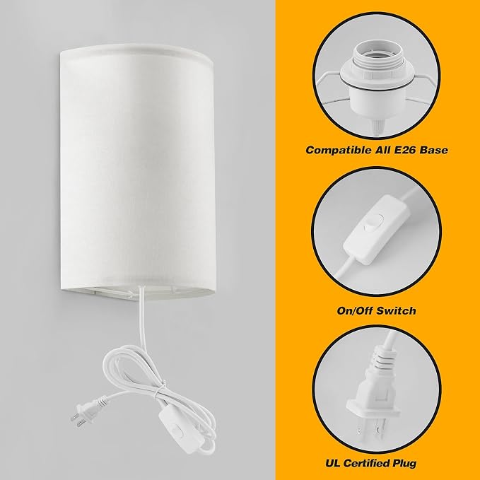 Plug in Wall Sconce, Industrial Wall Lamp with Plug in Cord | 3 Color Set of Two, Rustic Fixture, On/Off Switch Vintage Wall Light Fixture for Headboard Bedroom Porch (white)