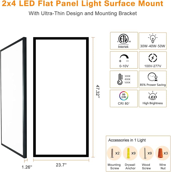12-Pack Black 2x4 LED Surface Mount Panel Light 0-10V Dimmable | 100-277V, 5000K-4000K-3000K & 30W-40W-50W Switchable, with Direct Ceiling Mount Bracket, ETL Listed