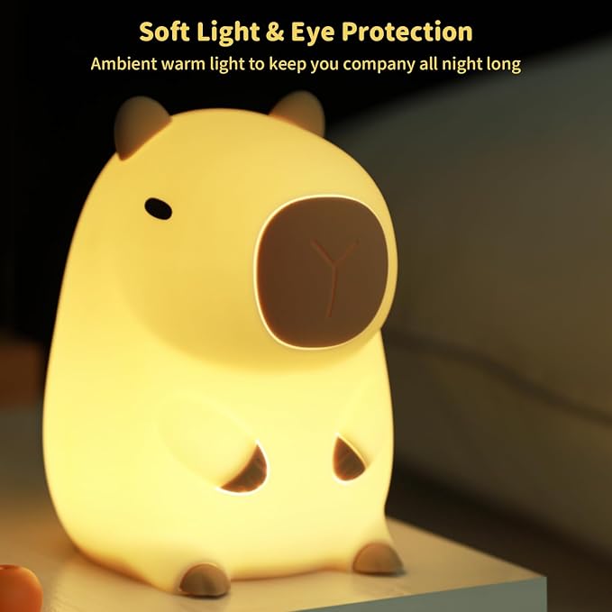 Led Cute Capybara Night Light, Dimmable Nursery Kawaii Lamps, Super Squishy Silicone USB Rechargeable Touch Control Night Lamp for Kids Adults, Used for Camping Party Room Decor (Capybara)