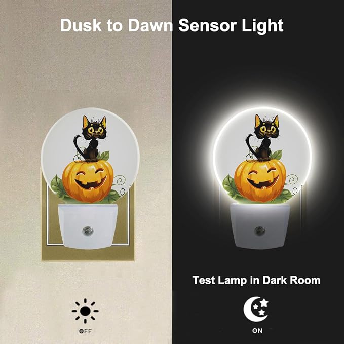 Plug in Nightlight Thanksgiving Harvest Cat Sit on Pumpkin Night Light Cute Black Cat Kitten Funny Pumpkin Plug-in Nightlight Auto On/Off for Men Women Boys Girls, LEDLAMP3016