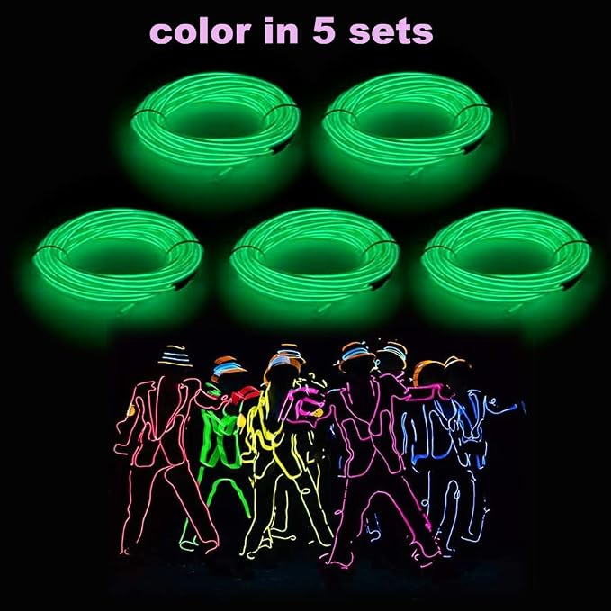 MaxLax EL Wire Green 5-Pack, 9ft/2.75m Neon Light Wire with Noise Reduction and Battery Pack…