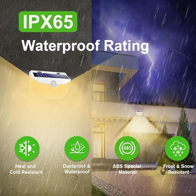 HMCITY 120 LED Solar Lights Outdoor Motion Sensor, 2 Pack, White Warm | 3 Lighting Modes, IP65 Waterproof, Front Button Control, Wide Solar Wall Lights Ideal for Garden Patio Yard