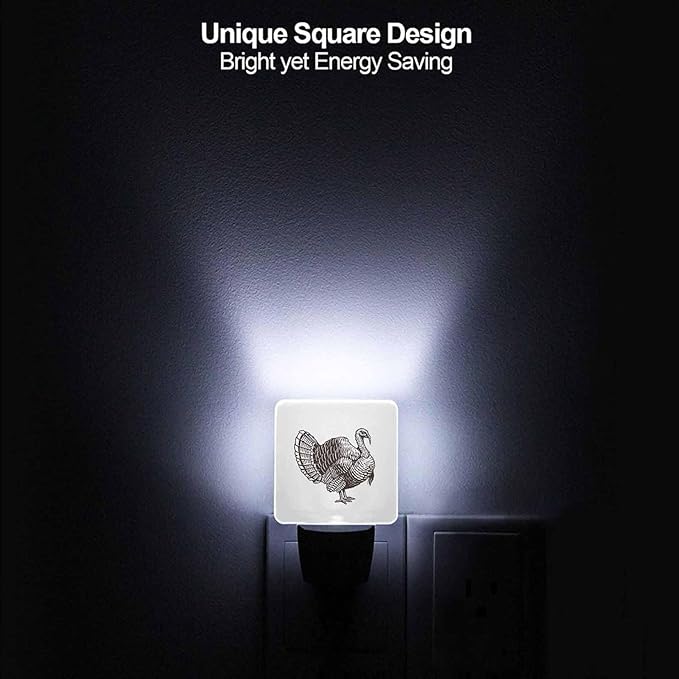 LED Night Light Plug into Wall with Dusk to Dawn Light Sensor White Energy Efficient Woodcut Style Turkey Nightlight for Bedroom Bathroom Hallway Living Room Kitchen