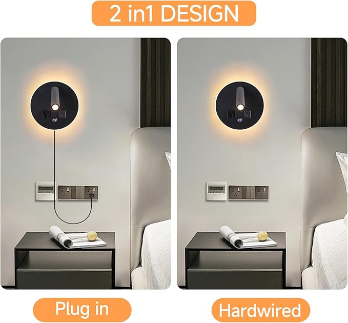 LED Round Wall Sconce with Dimmable Light, 6W+3W 3000K Night Light, Adjustable Plug-in Headboard Lamp with USB & USB-C Ports, Bedside Reading Light for Bedroom(Black)