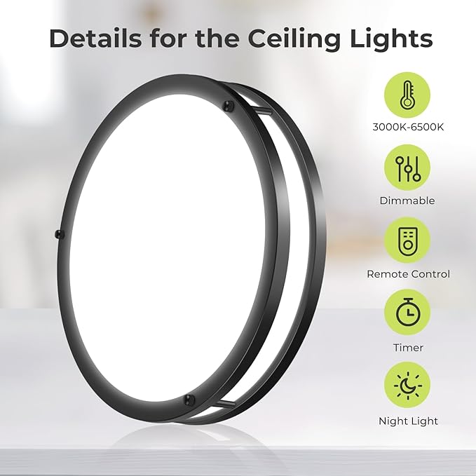 hepside Flush Mount LED Ceiling Light with Remote, Dimmable& 3000K-6500K Adjustable Ceiling Light Fixture, Timer, Night Light, 10 inch Black Ceiling Lamps for Kitchen Bathroom Bedroom Hallway