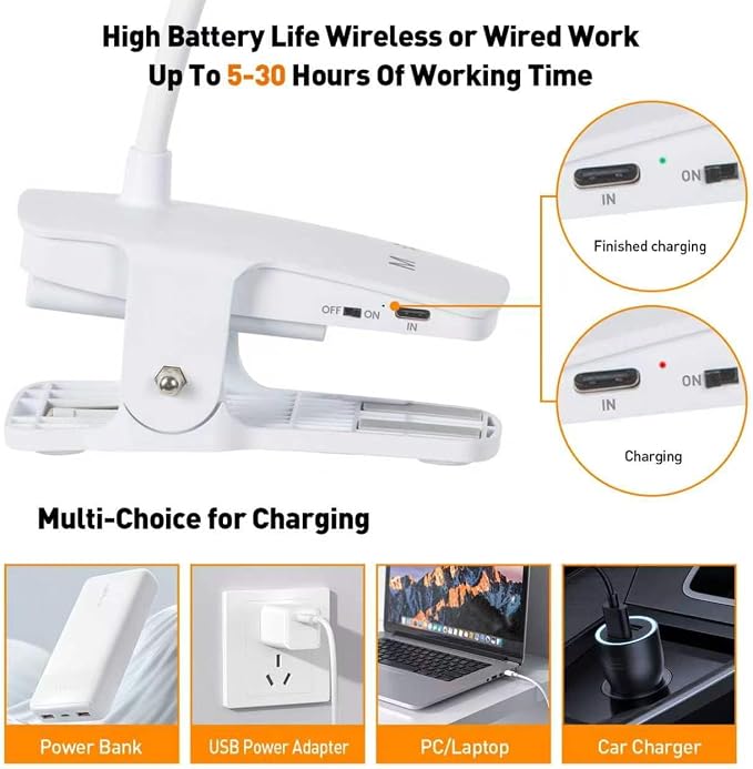 Cordless Rechargeable Clip On Desk Lamp Thick Flexible 360° Gooseneck | 450 Lumen Eye Protect Light,30 Custom Lighting Modes,5-30H Long Life Battery for Bed Headboard Desk Puzzle Craft ,White 2 Pcs