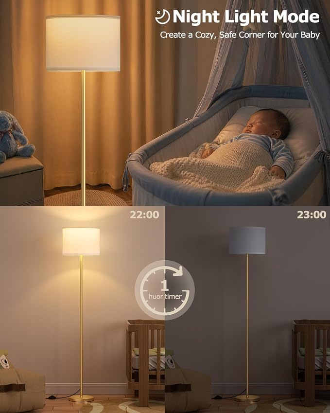Dimmable Floor Lamp for Living Room with Remote, 9W 900LM LED Bulb Included, White Shade Gold Pole