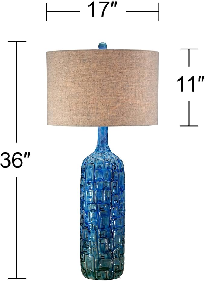 Possini Euro Design 36" Tall Large Mid Century Modern Farmhouse Rustic Coastal End Table Lamps Set of 2 Teal Blue Ceramic Living Room Bedroom Bedside Nightstand House Office Home Reading Tan Shade
