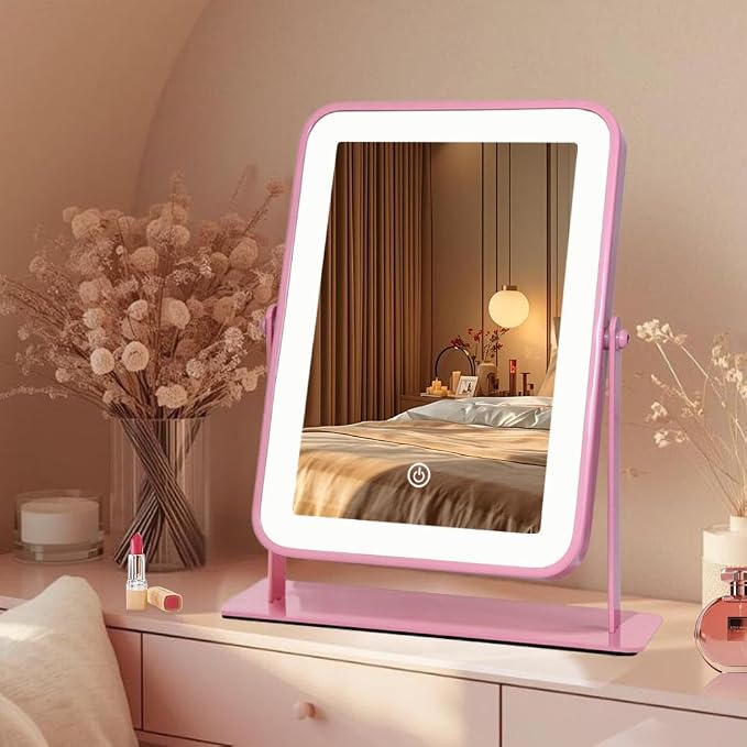 Pink LED Makeup Mirror with Lights – Rechargeable Wireless Vanity Mirror for Desk – Adjustable Brightness, 3 Color Lights Option – Ideal Gift for Women, Teens, Moms