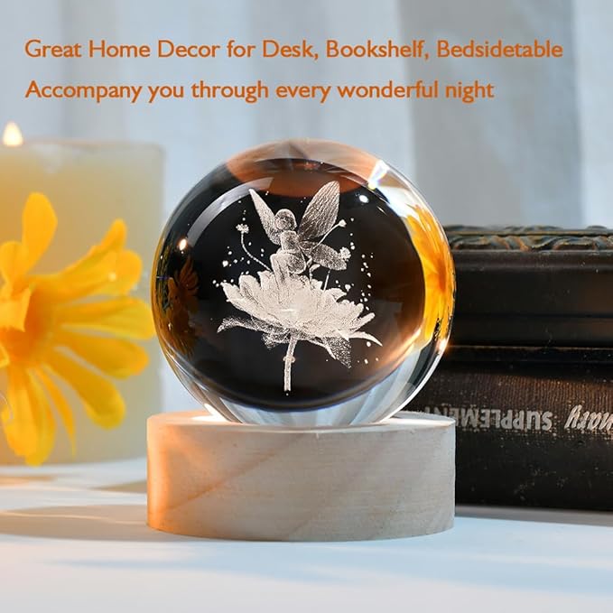 Fairy Gifts for Women 3D Fairy Crystal Ball Decor Ball Gift for Girls with LED Light Base