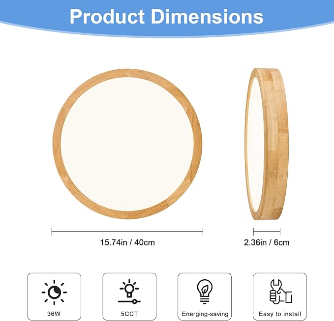 Pevfah Modern Dimmable 15.74 in Wood Flush Mount Ceiling Light, 5CCT LED Round Close to Ceiling Lighting Fixtures, Minimalist Ceiling Lamp for Bedroom, Kitchen, Hallway, Laundry Room
