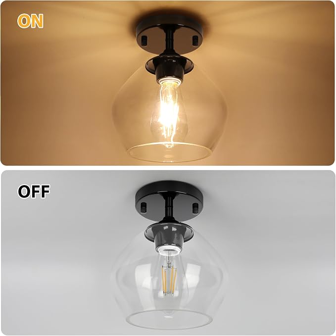 Modern Semi Flush Mount Ceiling Light with Clear Glass Shade, Black | Quick & Easy Installation, Premium Quality, Perfect for Hallway Kitchen Entryway Laundry