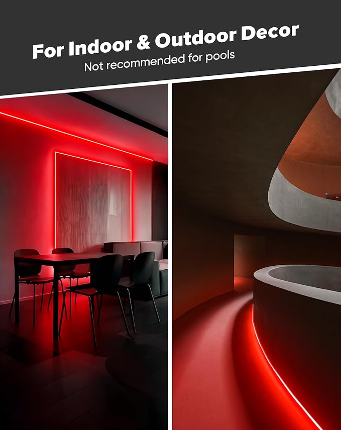 Shine Decor COB LED Rope Light AC 120V, 800lm Ultra Bright, IP65 Waterproof Cold-Resistant ETL Neon Strip, No Driver Tape Lighting for Home Commercial 10x4.5mm, Red, 32.8ft