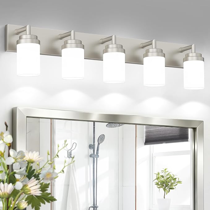 Bathroom Light Fixtures, Brushed Nickel Bathroom Lighting Fixtures Over Mirror, Modern Vanity Light with White Glass Shade, Restroom Lighting Fixtures, 5-Light 36-inch