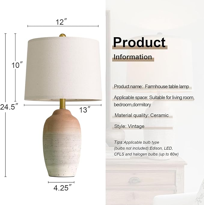 24.5" Ceramic Table Lamp with 5FT Cord, Single Farmhouse Vintage Rustic Bedside Lamp for Living Room Bedroom Entryway, Linen Shade Nightstand End Table Decor (Bulb Not Included)-White&Brown